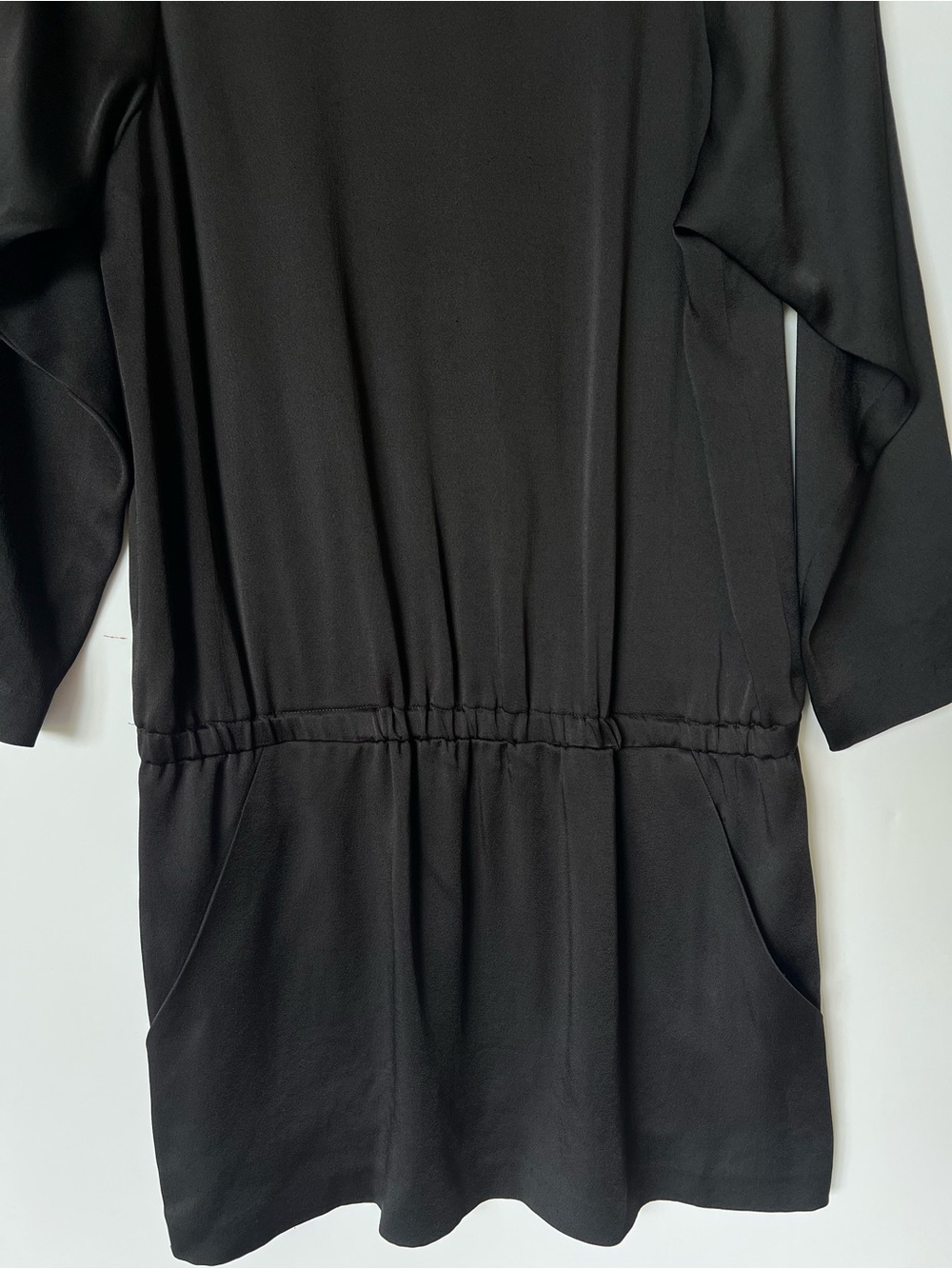 Theory Black Satin Long Sleeve Elastic Drop Waist Dress - Picture 2 of 8
